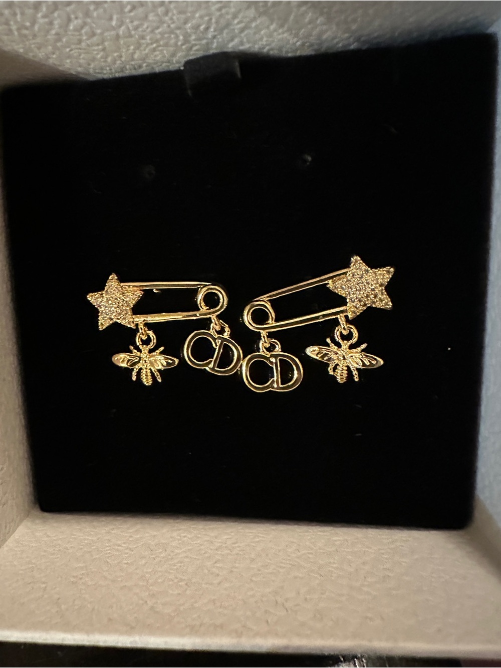 Gold Star Safety Pin Earrings with Bee & CD Charms